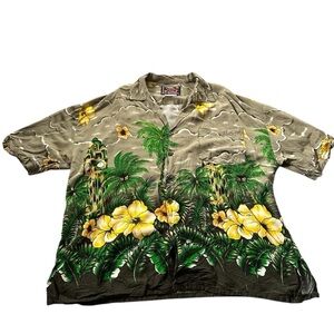 Basix Original Hawaiian Shirt Floral Tropical Gray Green & Yellow Vibrant Size L